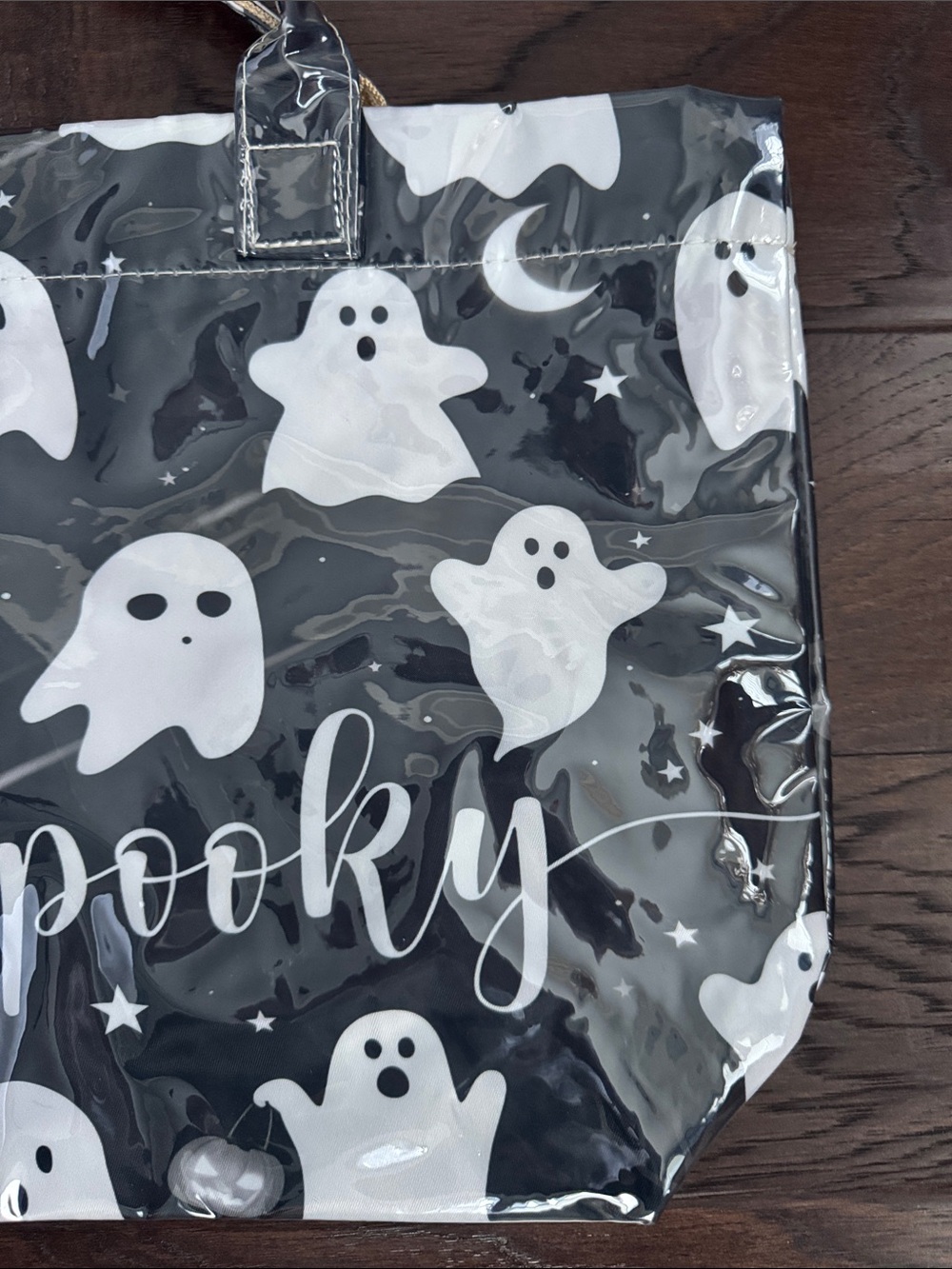 NWOT Halloween Spooky Ghost Print Tote Bag - Black & White PVC - Picture 2 of 8